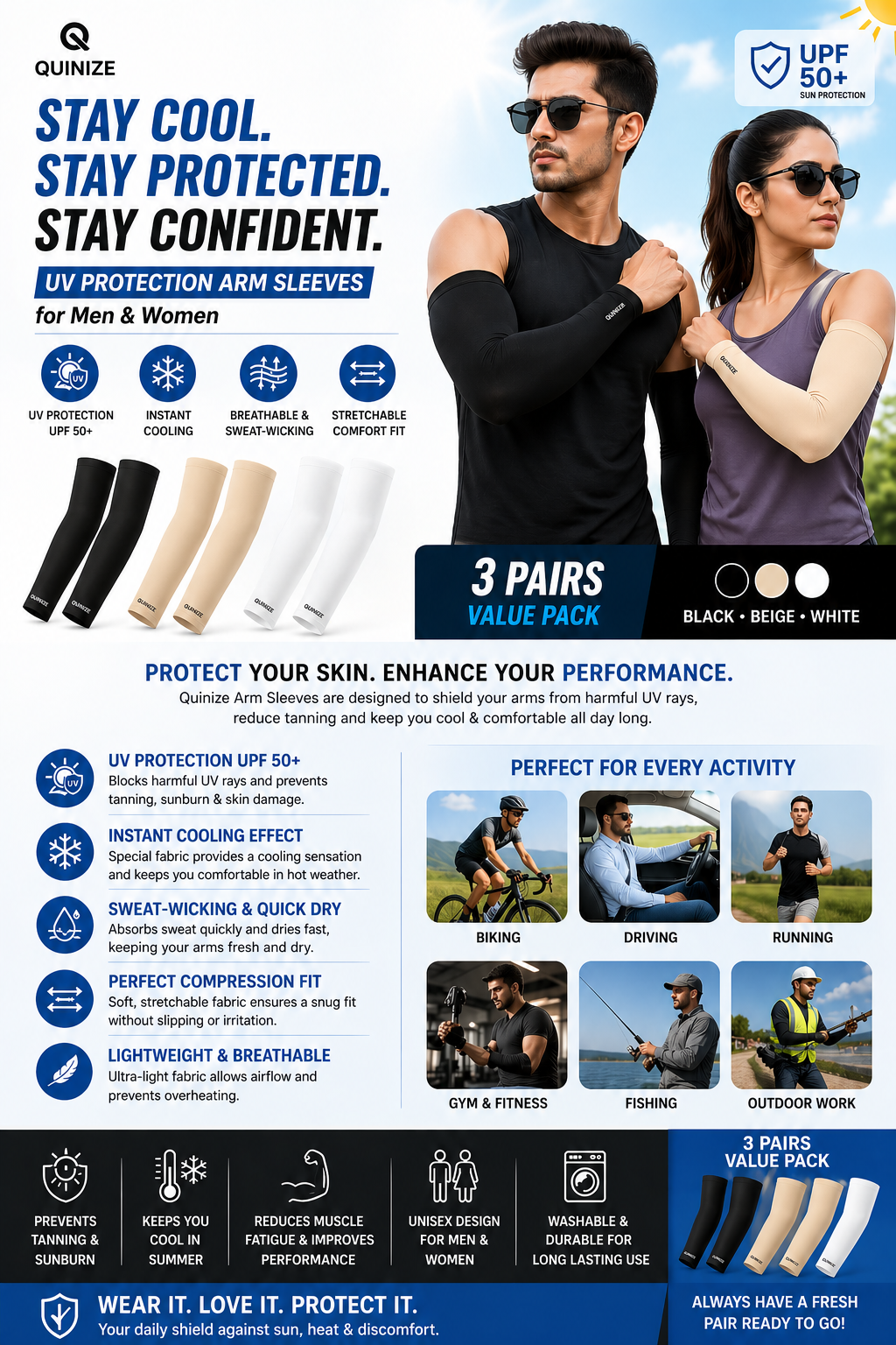 Arm Sleeves (3 Pairs) – UV Sun Protection, Cooling & Compression Sleeves for Men & Women (Anti-Tan & Breathable)