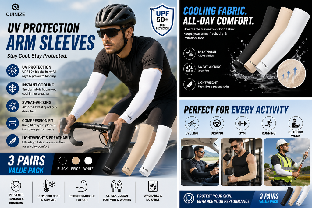 Arm Sleeves (3 Pairs) – UV Sun Protection, Cooling & Compression Sleeves for Men & Women (Anti-Tan & Breathable)
